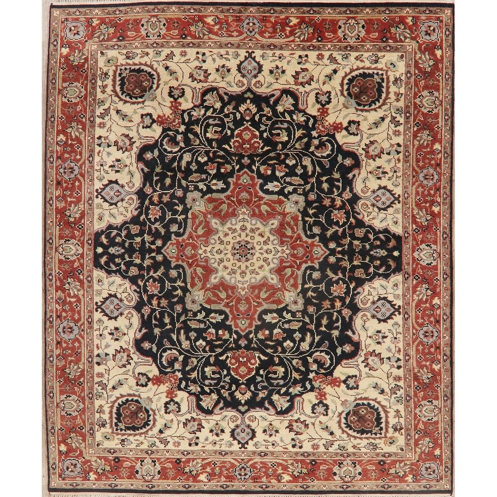 Indian Kashan Oriental Medallion Hand Knotted Wool Area Rug - 9'6" x 7'10"