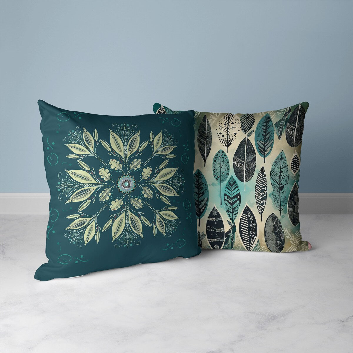 Indigo And Cream Leaf & Wing Whispers Faux Suede Throw Pillow Zipper