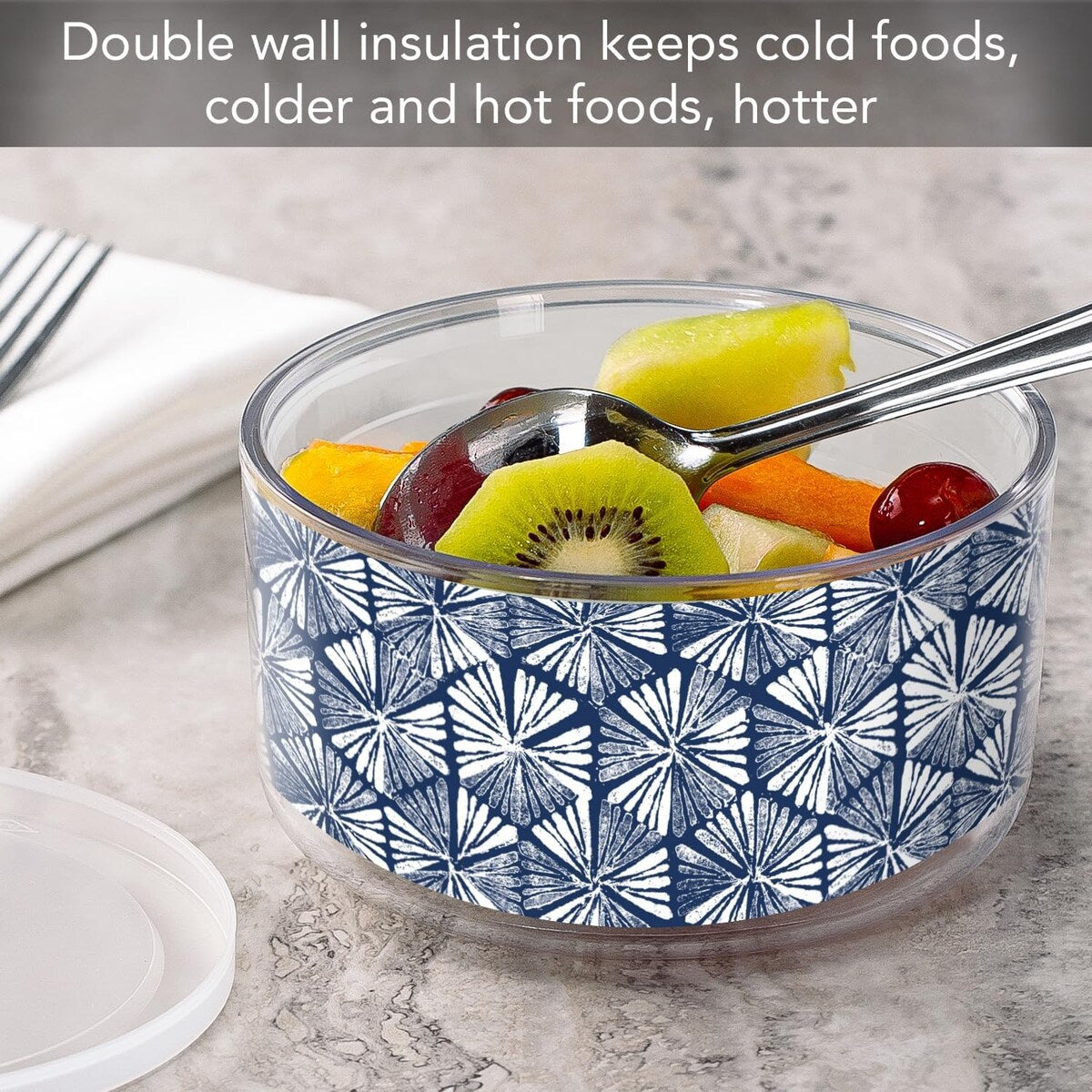 Indigo Flowers Double Wall Unbreakable Plastic Travel Bowl with Lid Holds 22 Ounces BPA Free Microwave Safe Dishwasher Safe