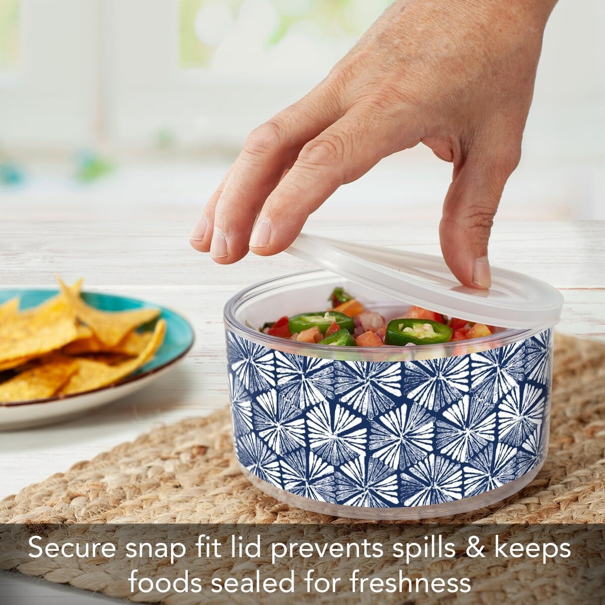 Indigo Flowers Double Wall Unbreakable Plastic Travel Bowl with Lid Holds 22 Ounces BPA Free Microwave Safe Dishwasher Safe