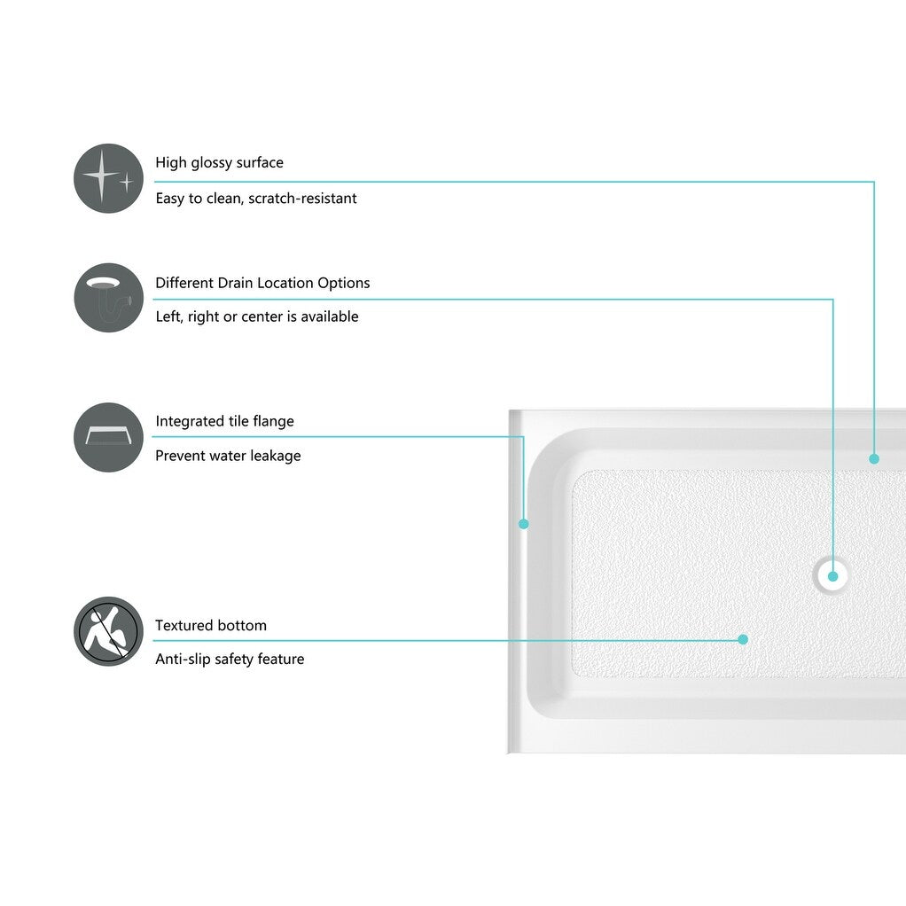 Indigo Home 60x36 inch Single Threshold Shower Tray Center Drain in White