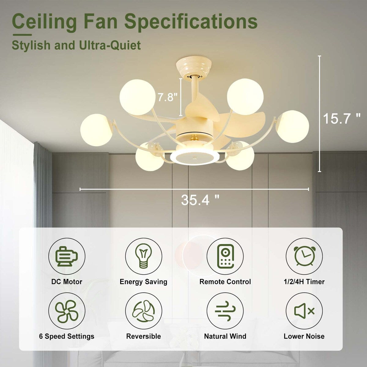 Indoor Black Modern Ceiling Fan with Light, Reversible Fandelier with Bulbs and Remote for Living Room