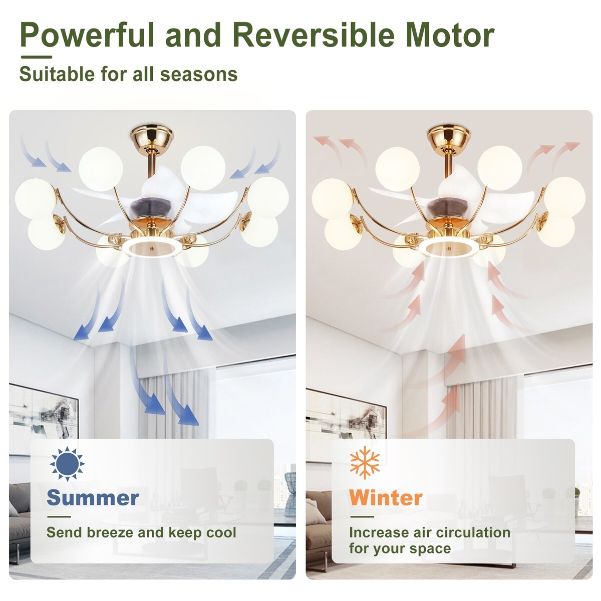 Indoor Black Modern Ceiling Fan with Light, Reversible Fandelier with Bulbs and Remote for Living Room