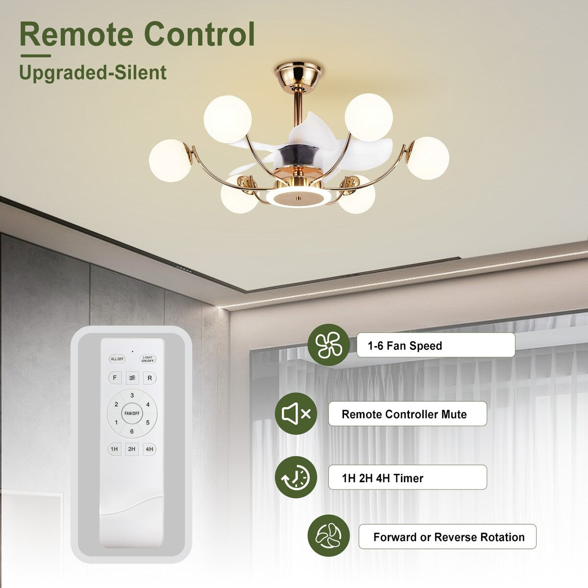 Indoor Black Modern Ceiling Fan with Light, Reversible Fandelier with Bulbs and Remote for Living Room