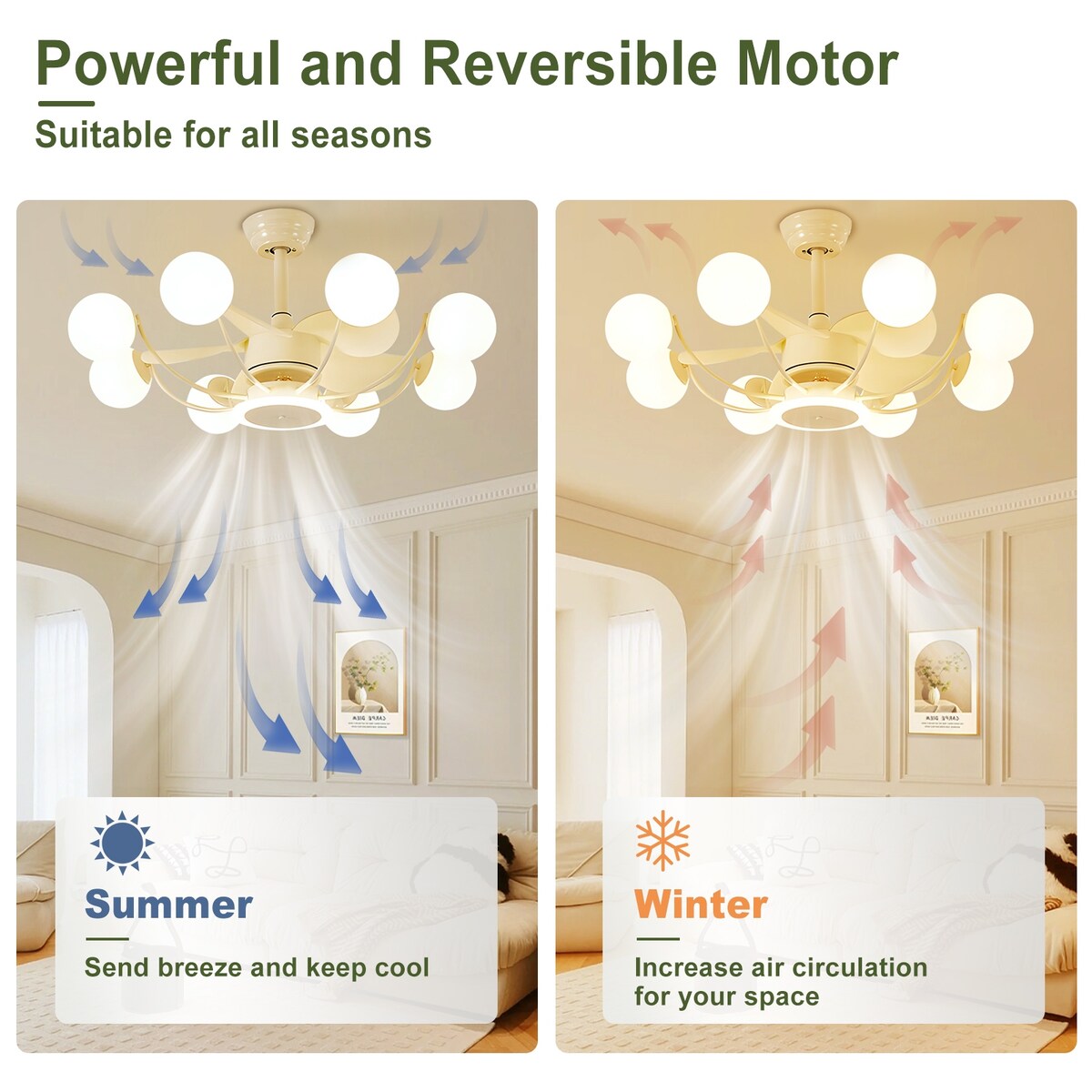 Indoor Black Modern Ceiling Fan with Light, Reversible Fandelier with Bulbs and Remote for Living Room
