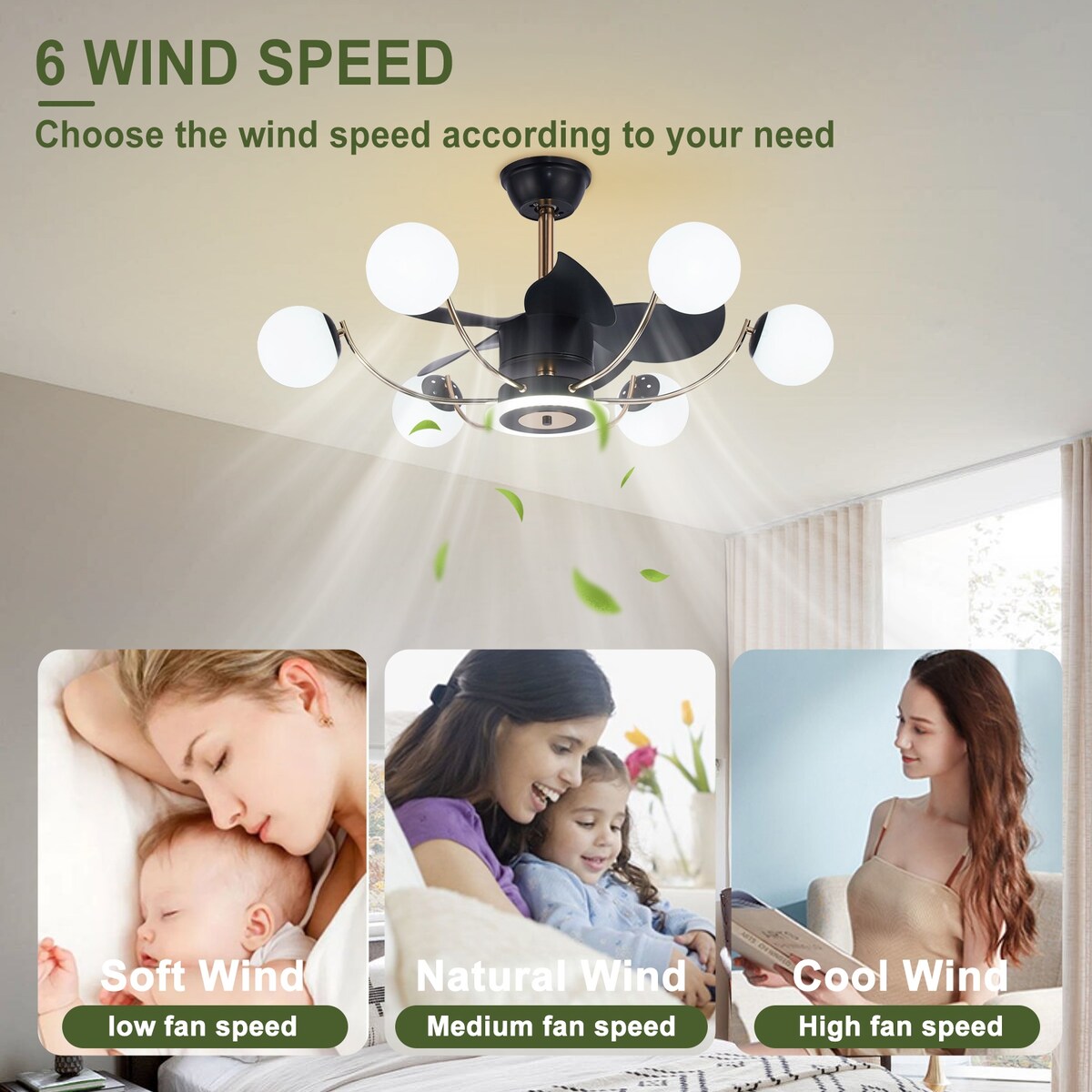 Indoor Black Modern Ceiling Fan with Light, Reversible Fandelier with Bulbs and Remote for Living Room