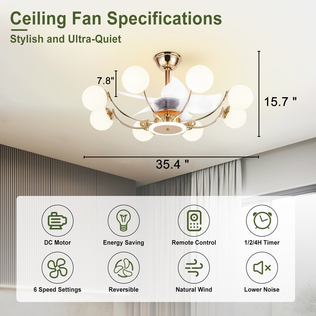 Indoor Black Modern Ceiling Fan with Light, Reversible Fandelier with Bulbs and Remote for Living Room