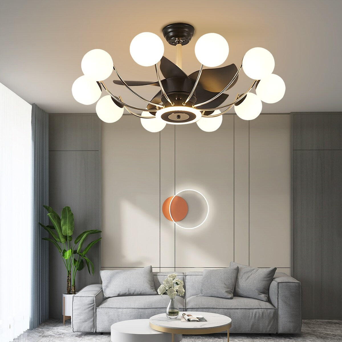 Indoor Black Modern Ceiling Fan with Light, Reversible Fandelier with Bulbs and Remote for Living Room