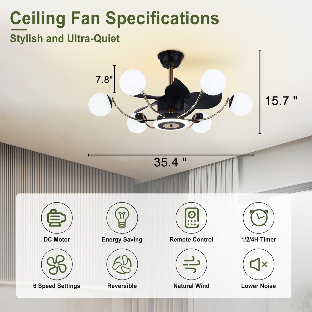 Indoor Black Modern Ceiling Fan with Light, Reversible Fandelier with Bulbs and Remote for Living Room