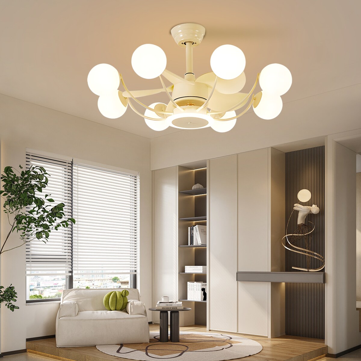 Indoor Black Modern Ceiling Fan with Light, Reversible Fandelier with Bulbs and Remote for Living Room