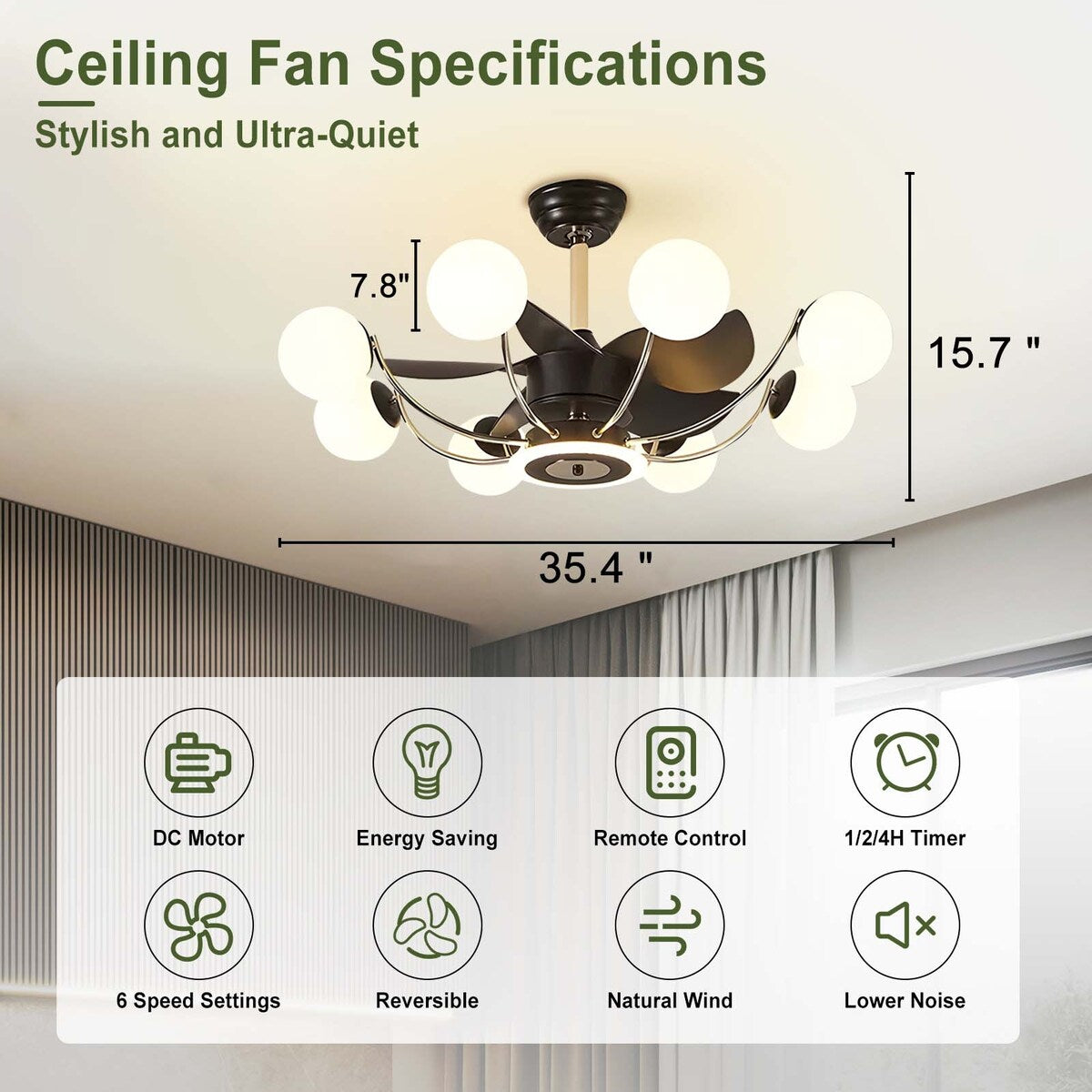 Indoor Black Modern Ceiling Fan with Light, Reversible Fandelier with Bulbs and Remote for Living Room