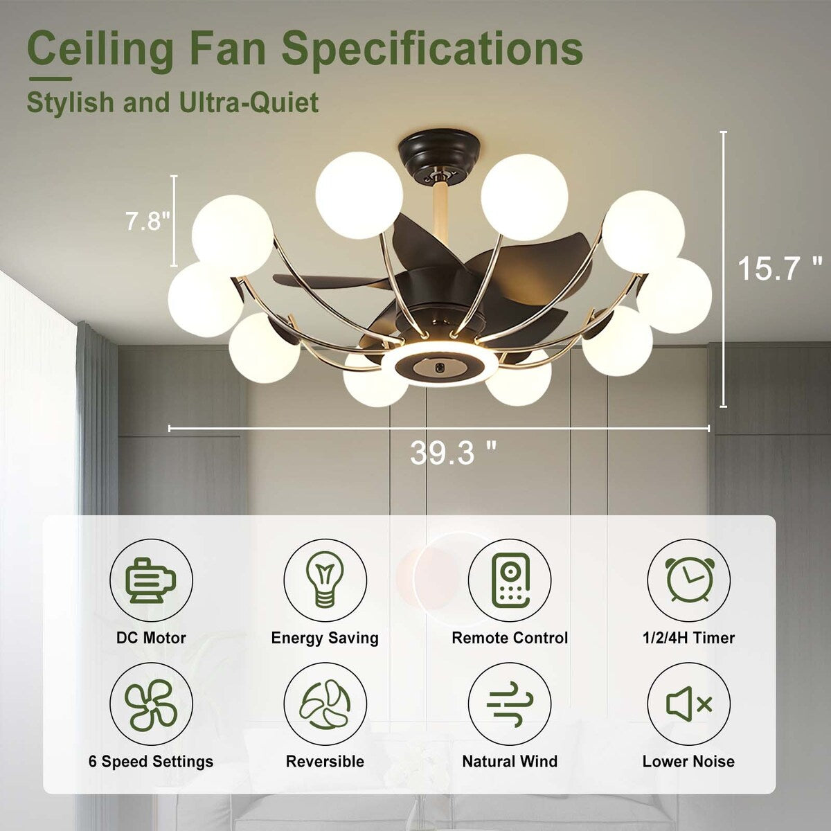 Indoor Black Modern Ceiling Fan with Light, Reversible Fandelier with Bulbs and Remote for Living Room