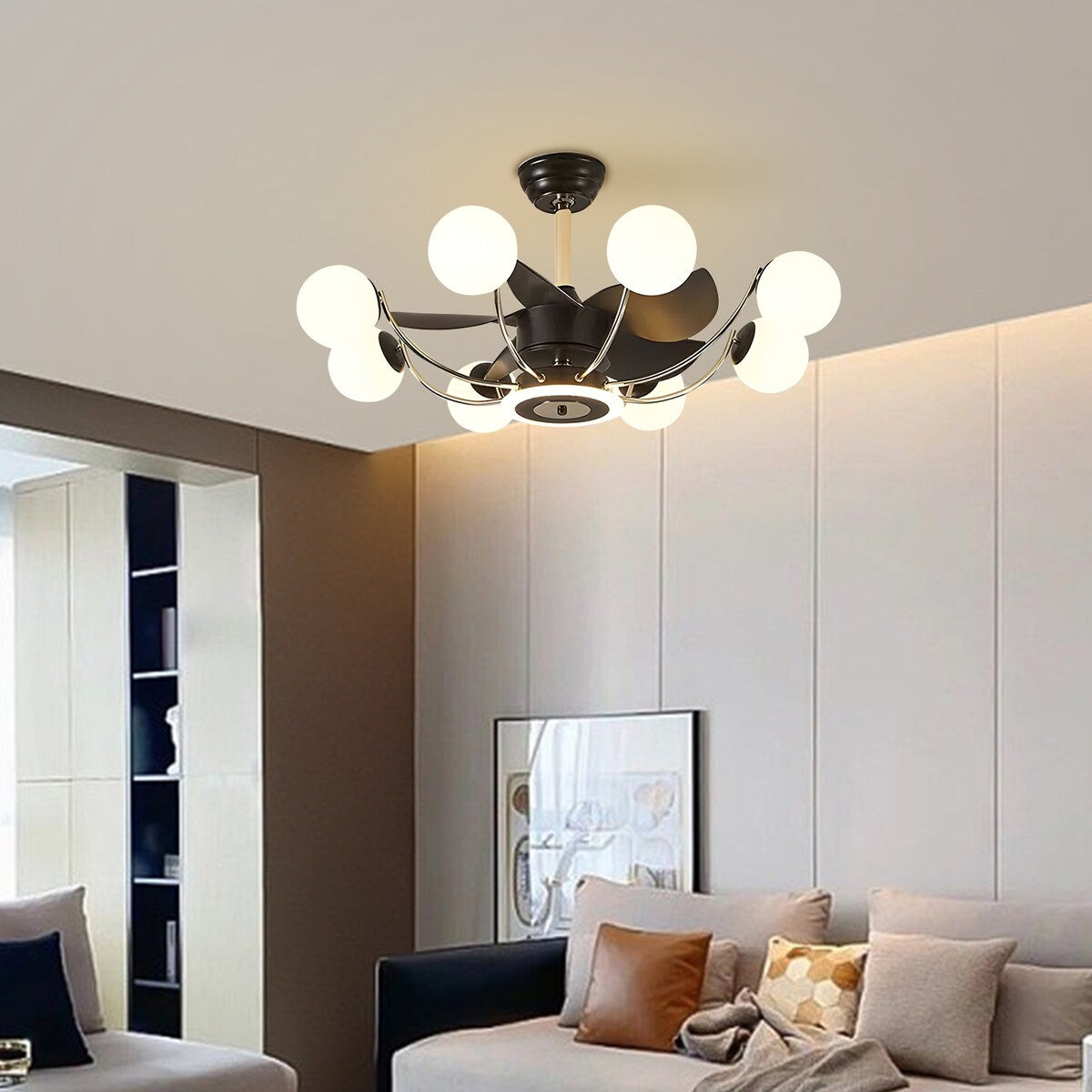 Indoor Black Modern Ceiling Fan with Light, Reversible Fandelier with Bulbs and Remote for Living Room