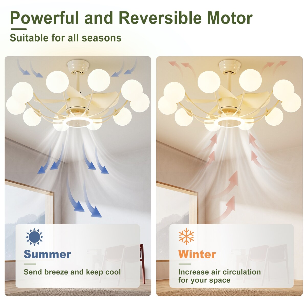 Indoor Black Modern Ceiling Fan with Light, Reversible Fandelier with Bulbs and Remote for Living Room