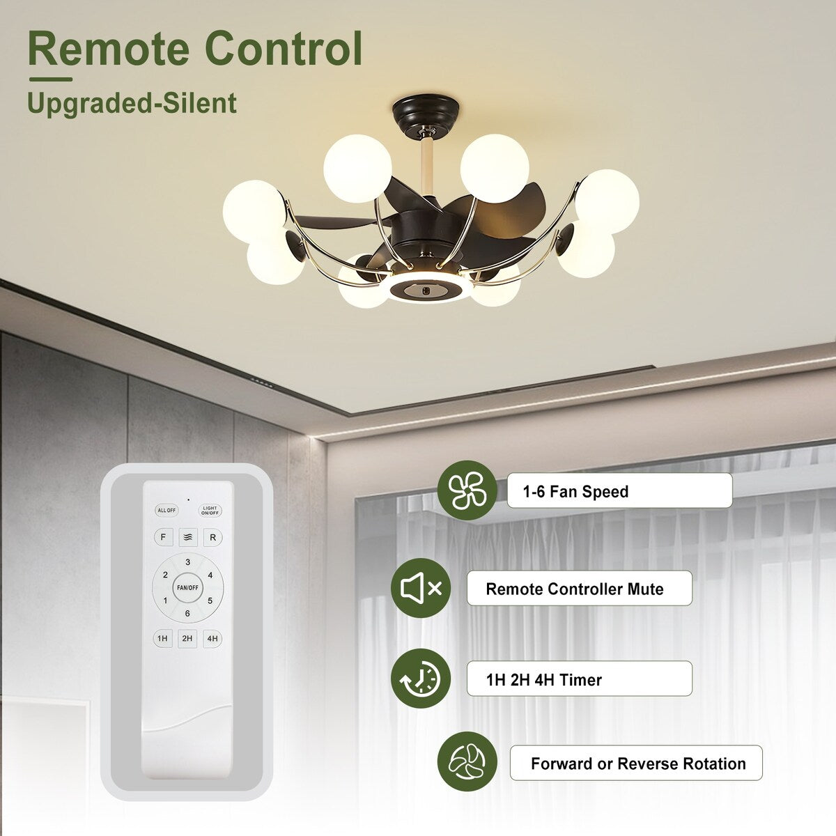 Indoor Black Modern Ceiling Fan with Light, Reversible Fandelier with Bulbs and Remote for Living Room
