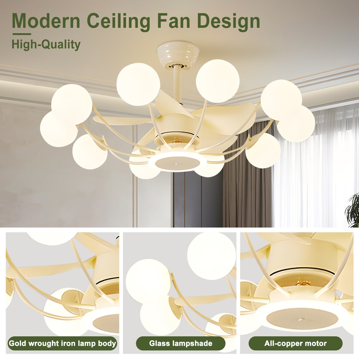 Indoor Black Modern Ceiling Fan with Light, Reversible Fandelier with Bulbs and Remote for Living Room