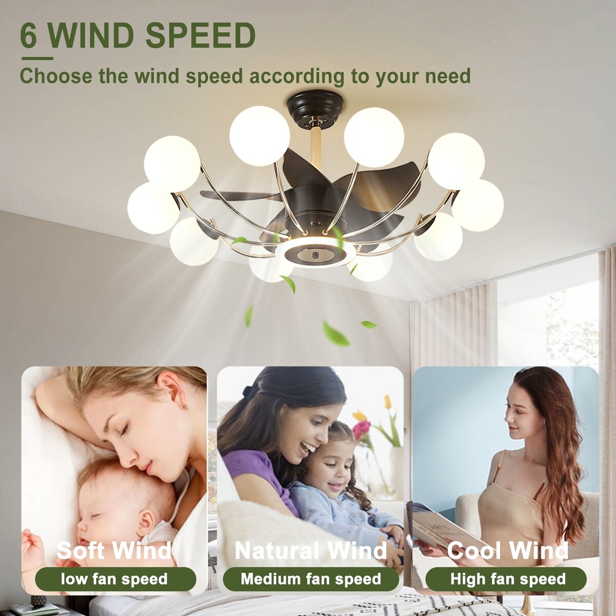 Indoor Black Modern Ceiling Fan with Light, Reversible Fandelier with Bulbs and Remote for Living Room