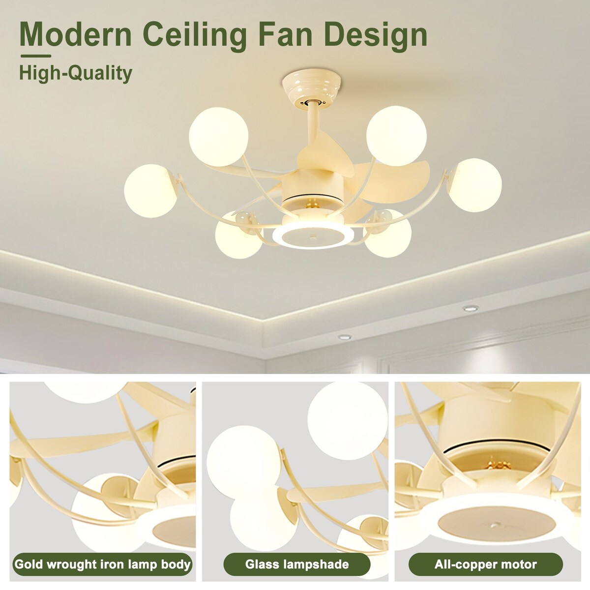 Indoor Black Modern Ceiling Fan with Light, Reversible Fandelier with Bulbs and Remote for Living Room