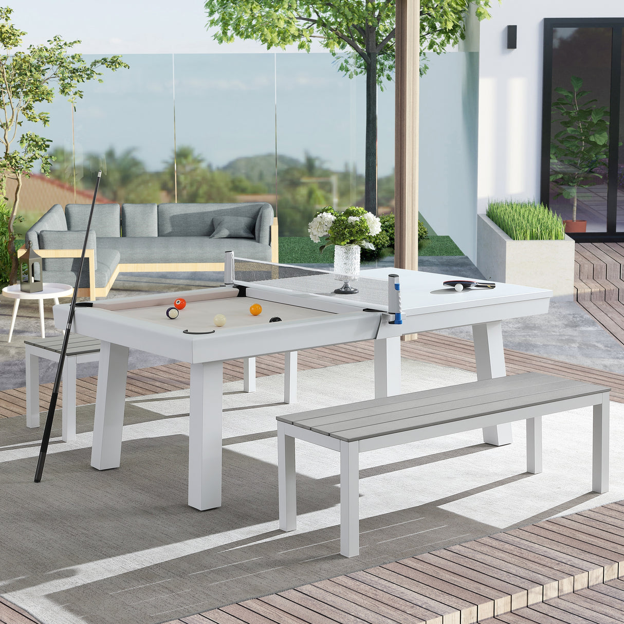 Laguna Indoor/Outdoor 7ft Slate Pool Table Dining Set with 2 Benches & Accessories, White Finish