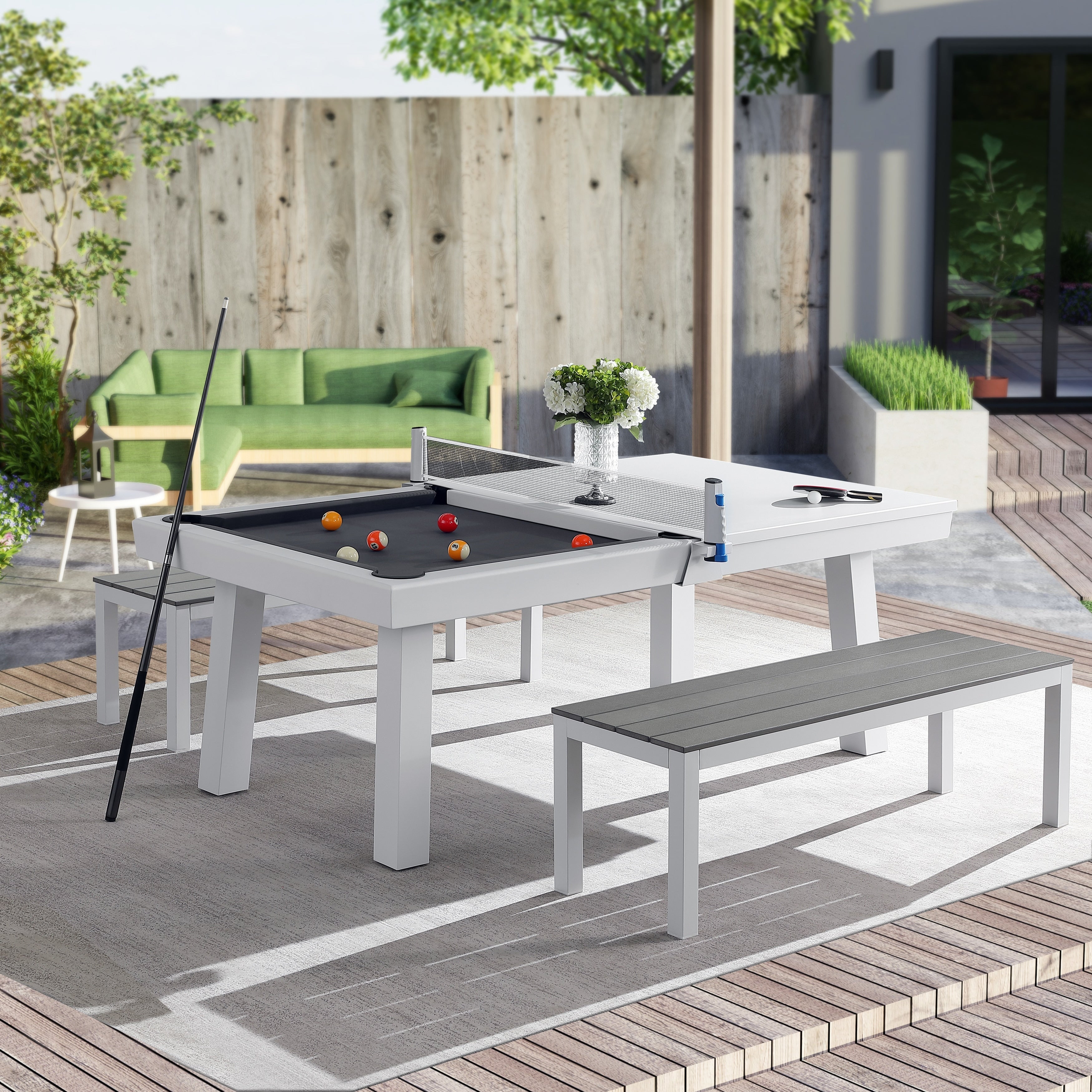 Newport Outdoor Patio 7ft Slate Pool Table Dining Set with 2 Benches Accessories White Finish N A