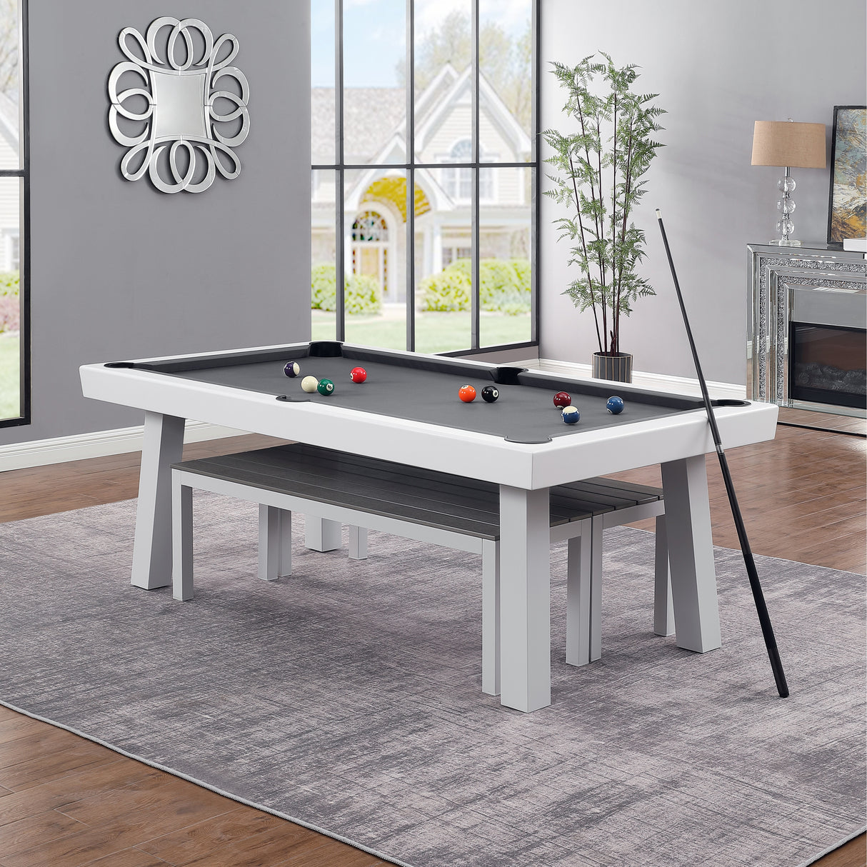 Laguna Indoor/Outdoor 7ft Slate Pool Table Dining Set with 2 Benches & Accessories, White Finish