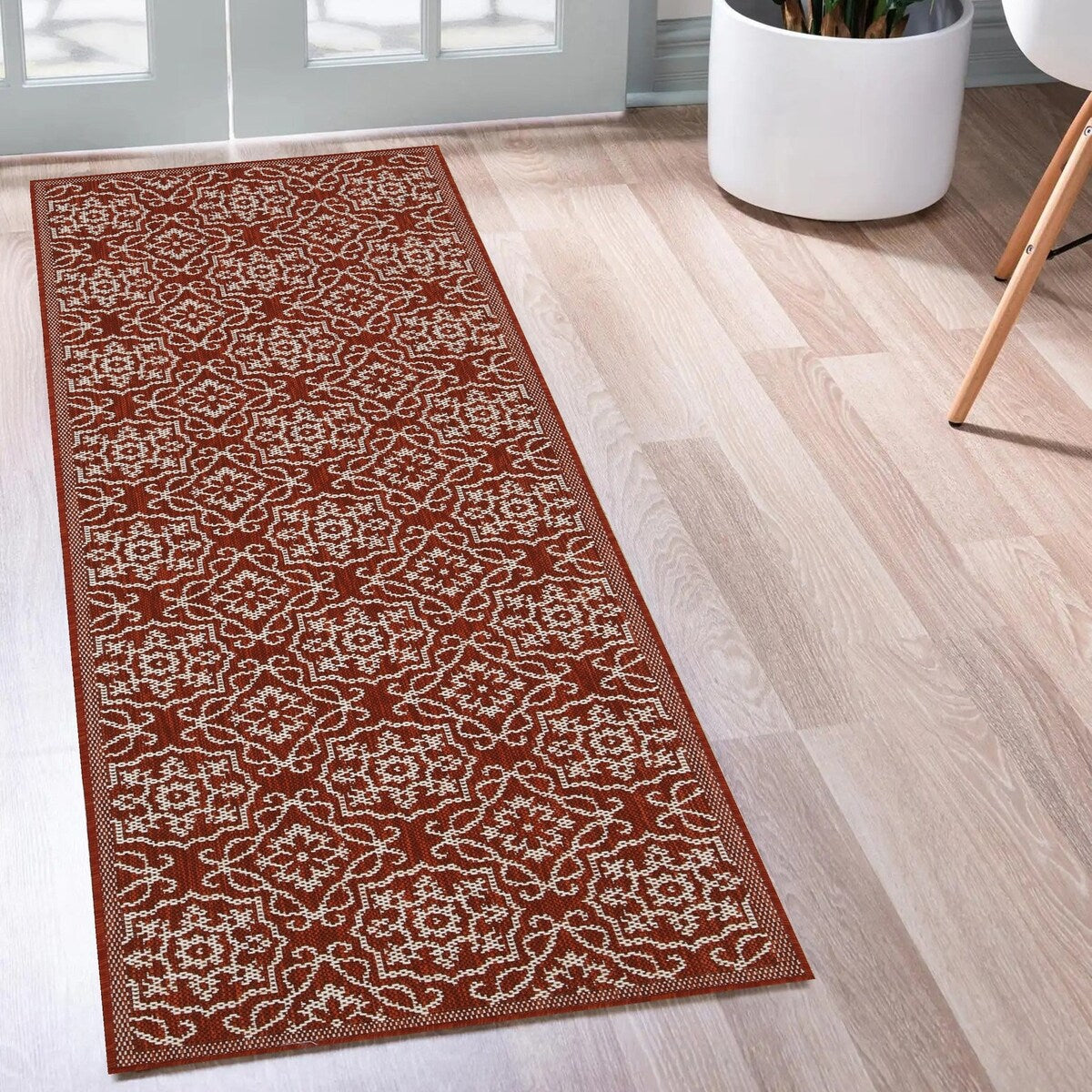 Indoor/Outdoor Area Rug/ Runner/ Doormat- Blue & Natural & Red & Taupe Color -Machine Washable, Weather and UV Resistant-Eliza
