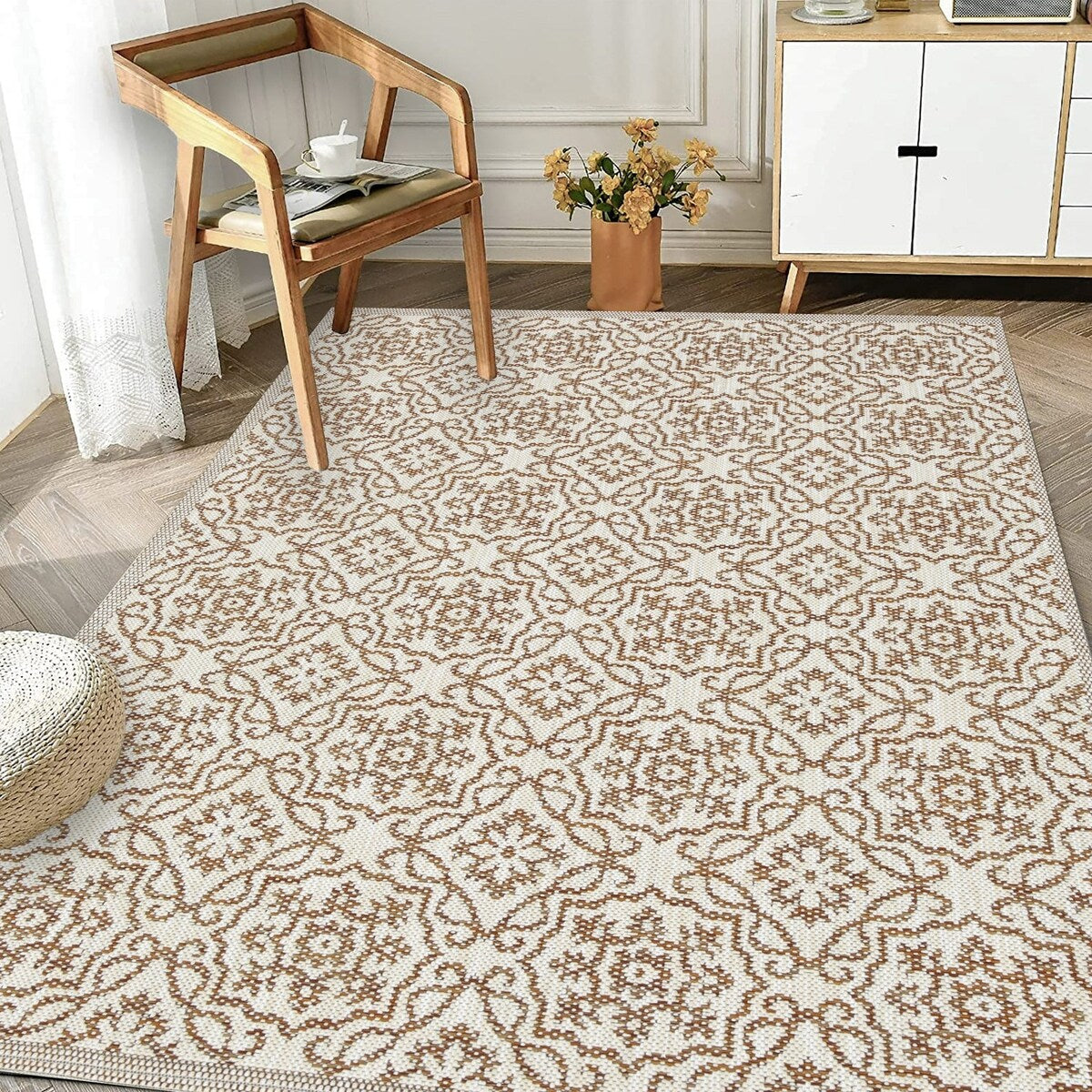 Indoor/Outdoor Area Rug/ Runner/ Doormat- Blue & Natural & Red & Taupe Color -Machine Washable, Weather and UV Resistant-Eliza