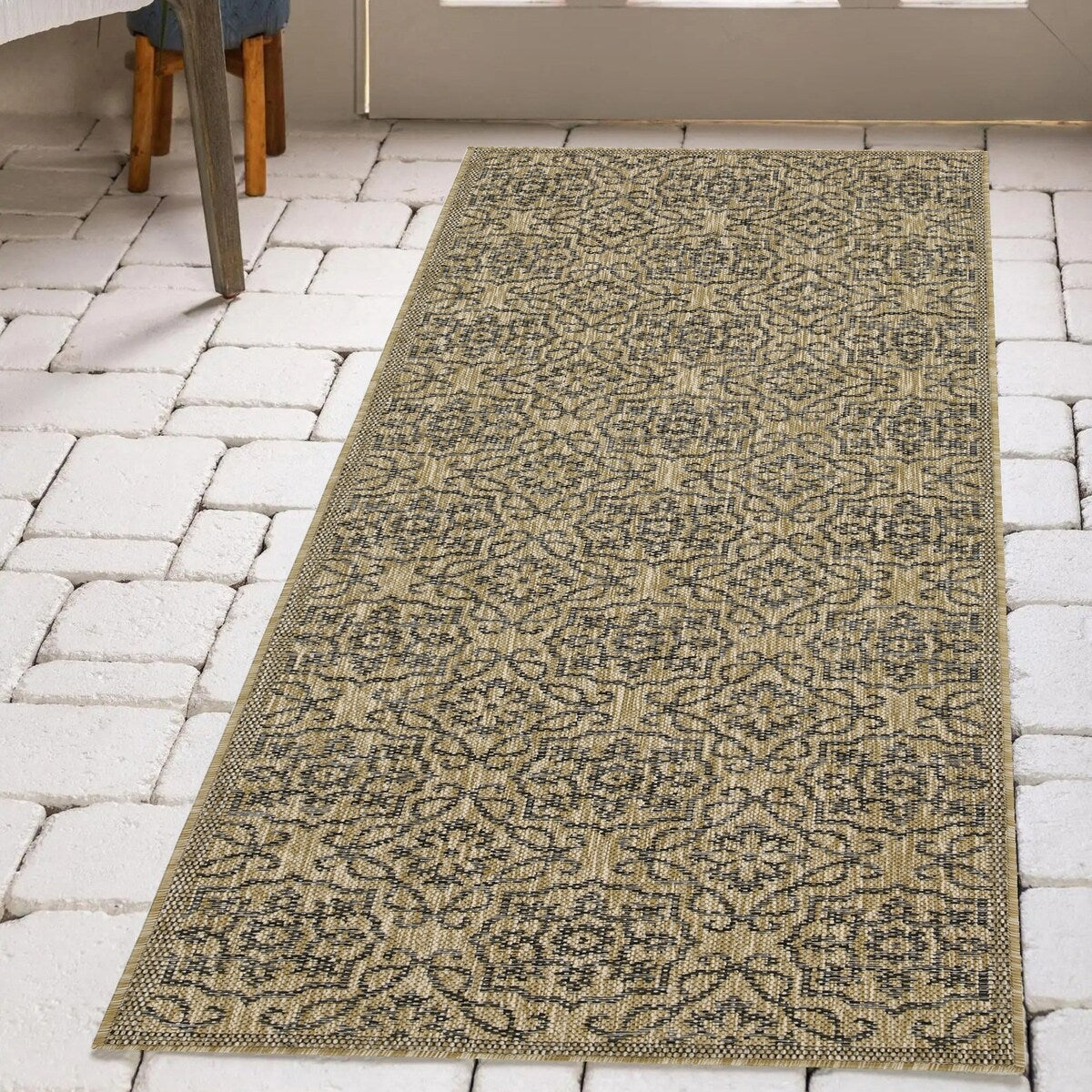 Indoor/Outdoor Area Rug/ Runner/ Doormat- Blue & Natural & Red & Taupe Color -Machine Washable, Weather and UV Resistant-Eliza