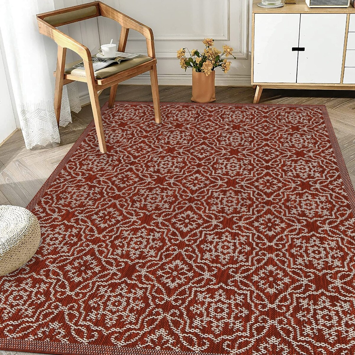 Indoor/Outdoor Area Rug/ Runner/ Doormat- Blue & Natural & Red & Taupe Color -Machine Washable, Weather and UV Resistant-Eliza