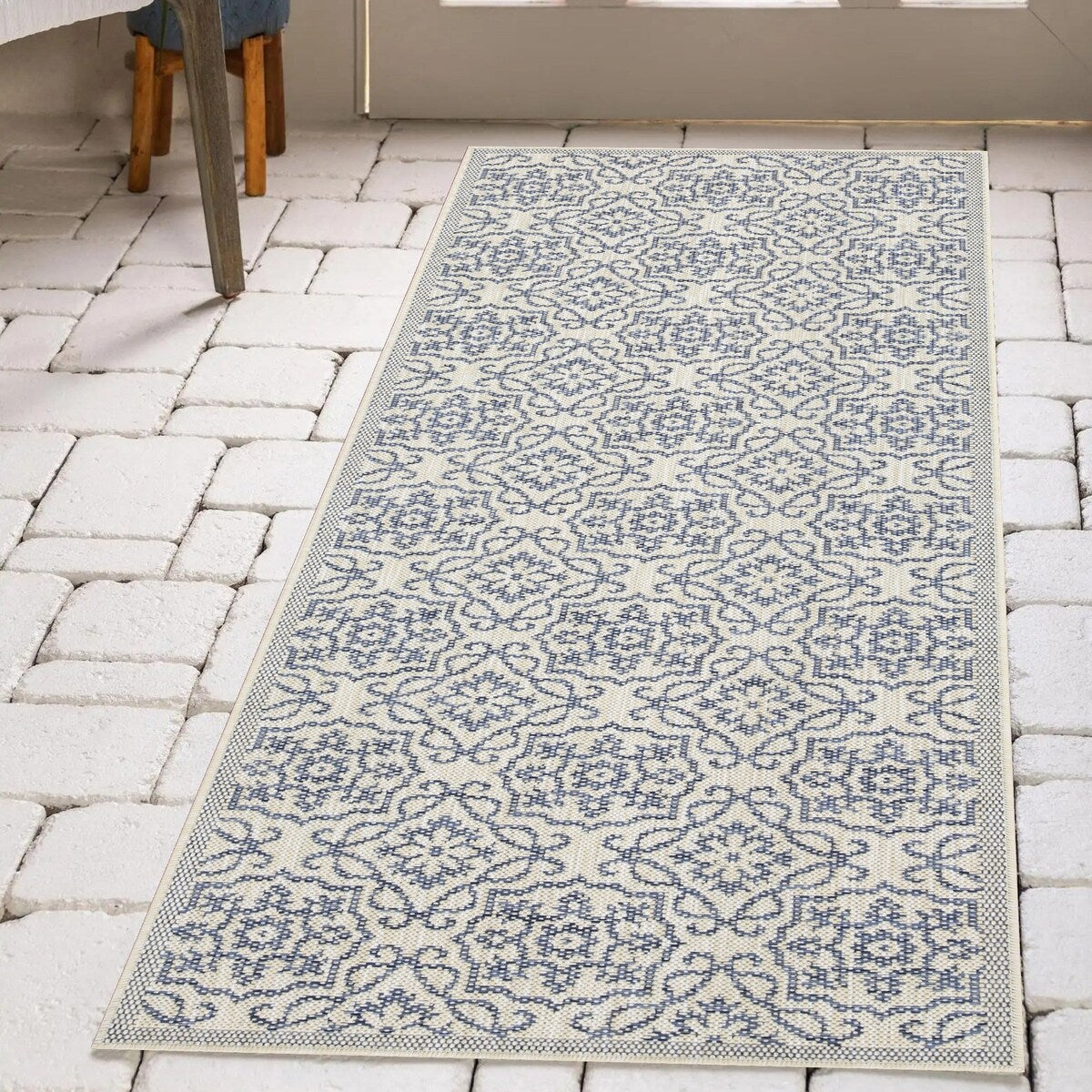 Indoor/Outdoor Area Rug/ Runner/ Doormat- Blue & Natural & Red & Taupe Color -Machine Washable, Weather and UV Resistant-Eliza