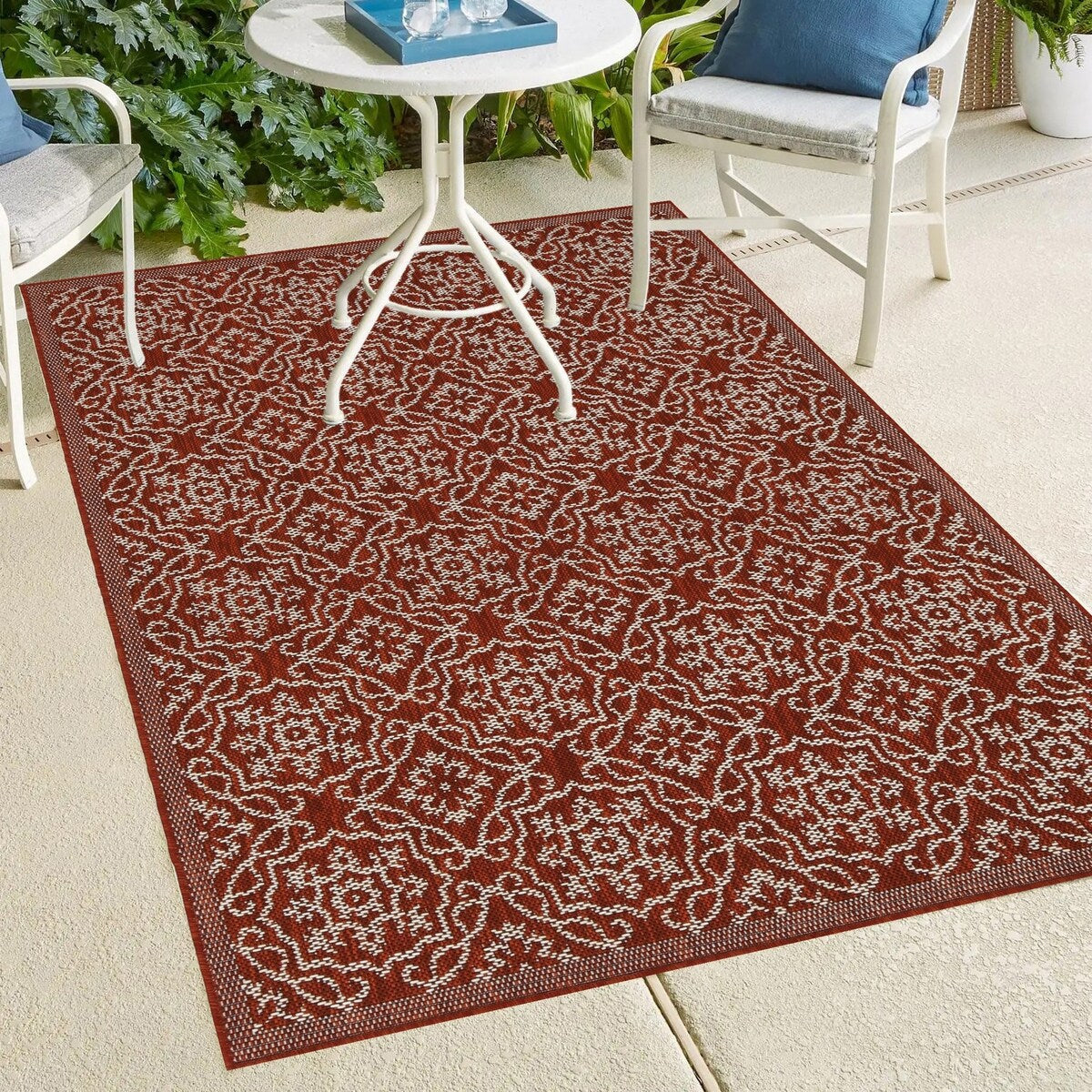 Indoor/Outdoor Area Rug/ Runner/ Doormat- Blue & Natural & Red & Taupe Color -Machine Washable, Weather and UV Resistant-Eliza