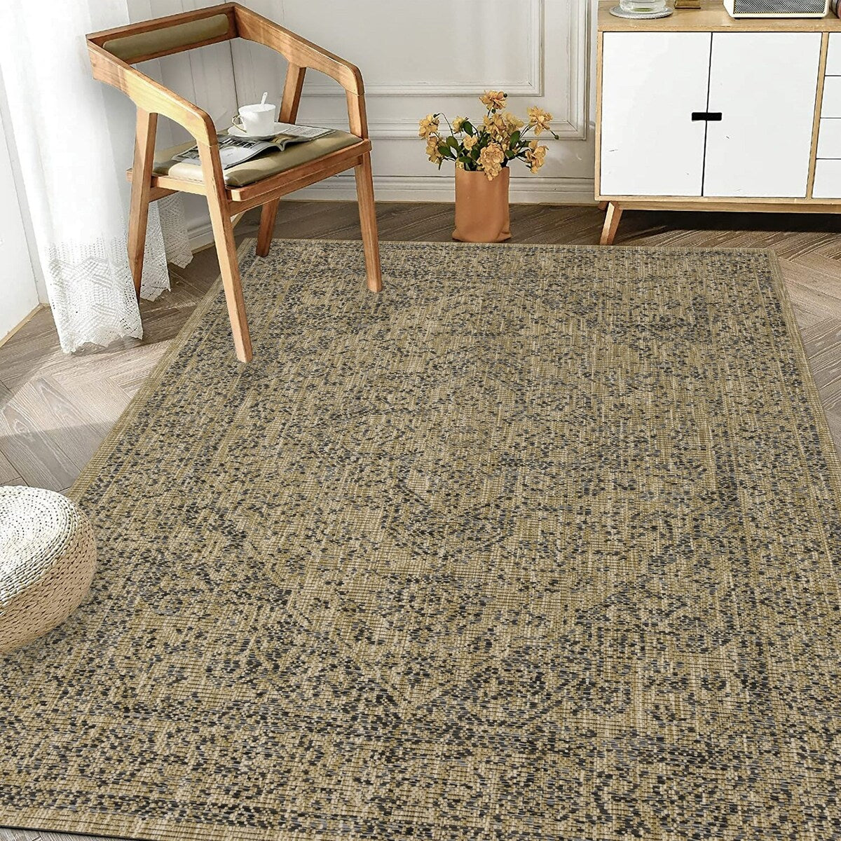 Indoor/Outdoor Area Rug/ Runner/ Doormat- Blue & Natural & Red & Taupe Color -Machine Washable, Weather and UV Resistant-Zaria