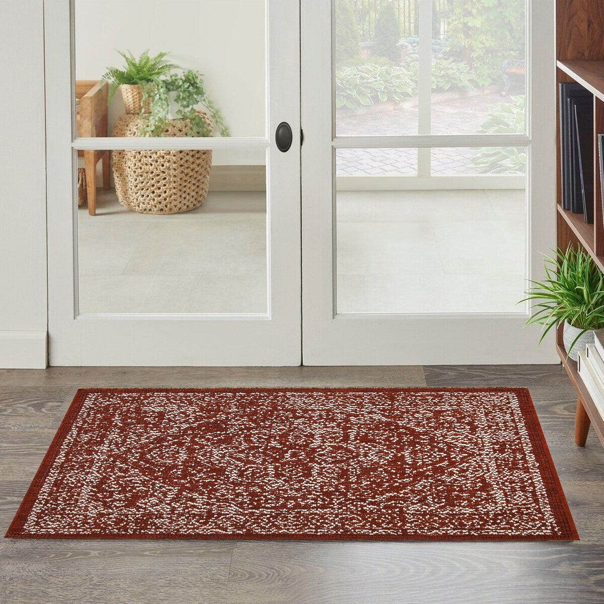 Indoor/Outdoor Area Rug/ Runner/ Doormat- Blue & Natural & Red & Taupe Color -Machine Washable, Weather and UV Resistant-Zaria