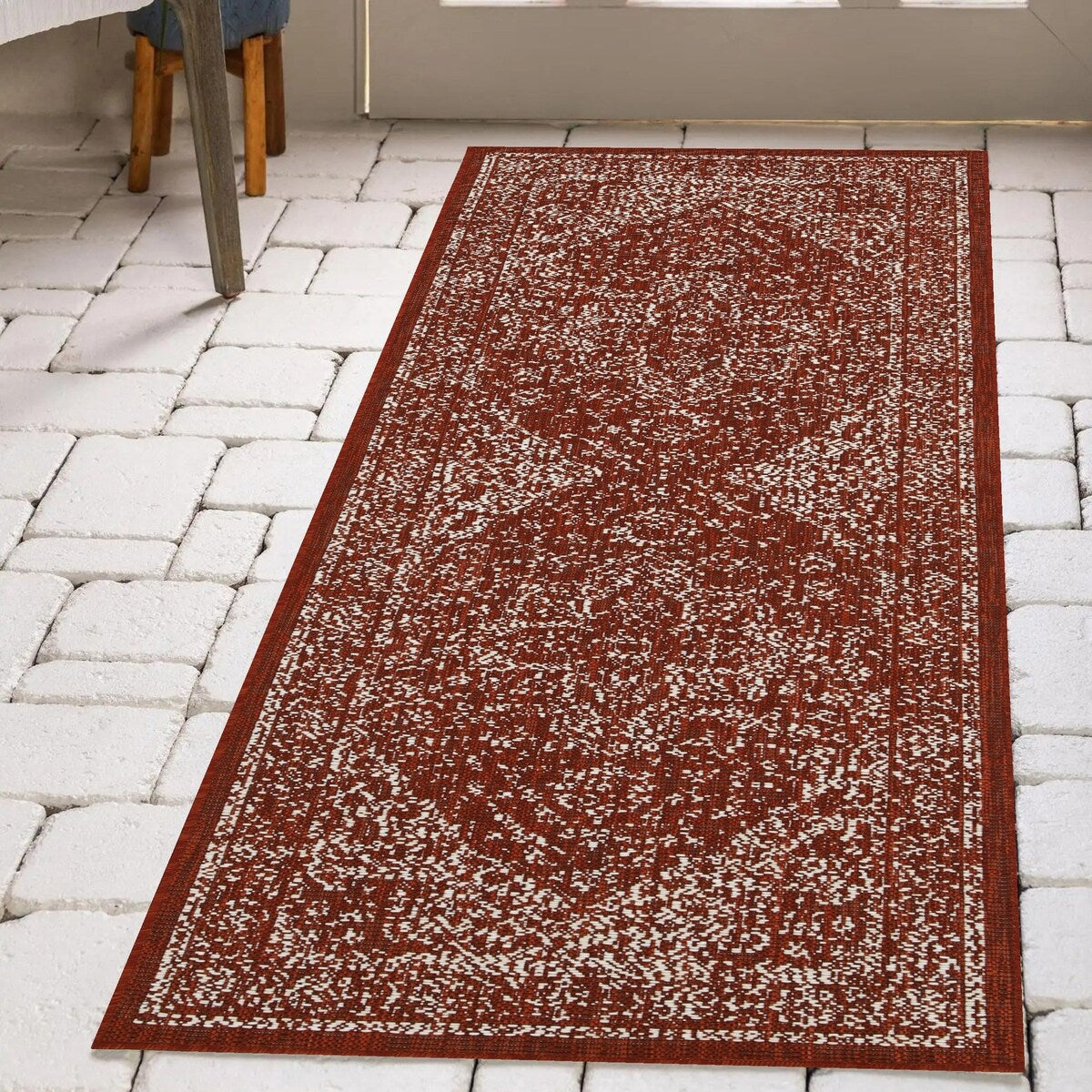 Indoor/Outdoor Area Rug/ Runner/ Doormat- Blue & Natural & Red & Taupe Color -Machine Washable, Weather and UV Resistant-Zaria