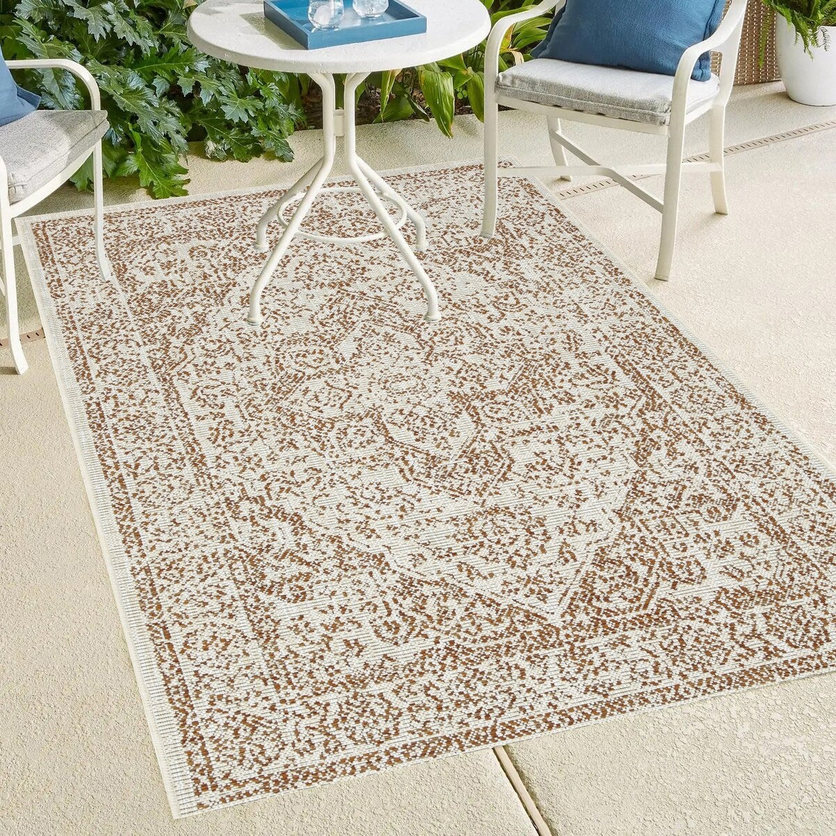 Indoor/Outdoor Area Rug/ Runner/ Doormat- Blue & Natural & Red & Taupe Color -Machine Washable, Weather and UV Resistant-Zaria