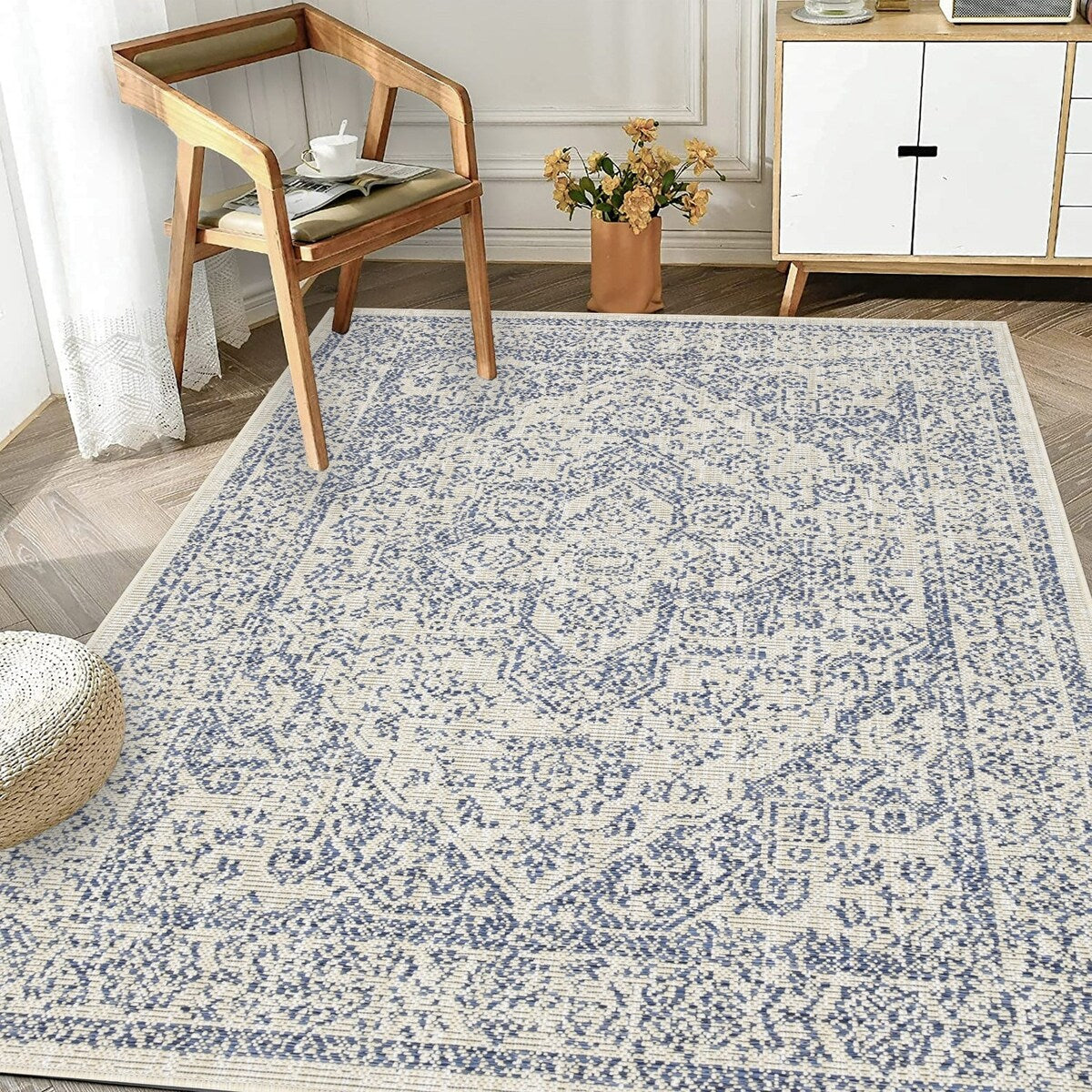 Indoor/Outdoor Area Rug/ Runner/ Doormat- Blue & Natural & Red & Taupe Color -Machine Washable, Weather and UV Resistant-Zaria