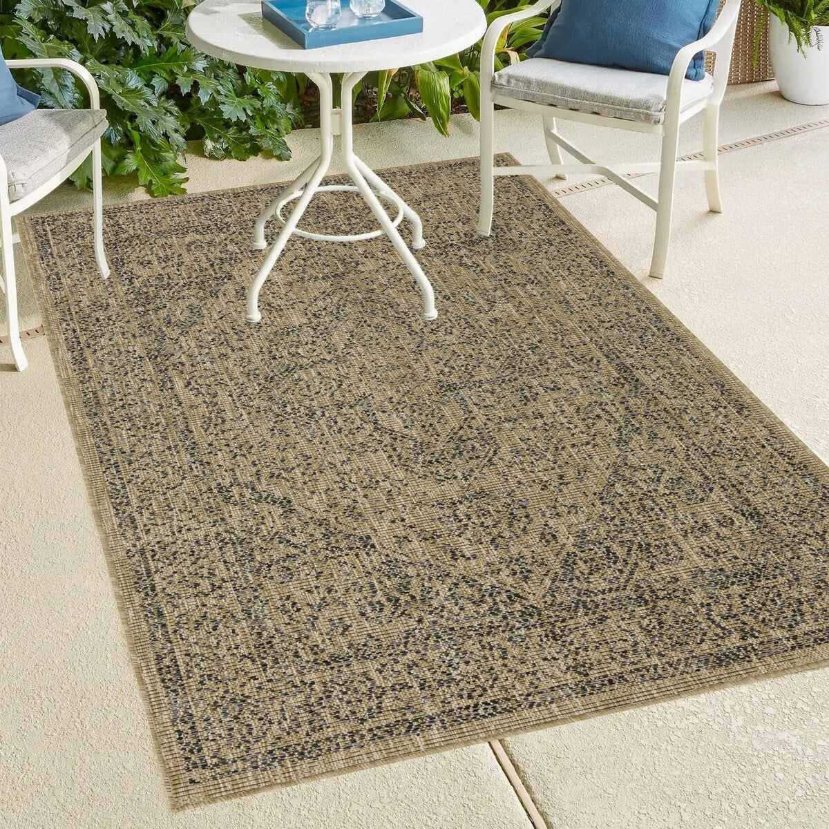 Indoor/Outdoor Area Rug/ Runner/ Doormat- Blue & Natural & Red & Taupe Color -Machine Washable, Weather and UV Resistant-Zaria