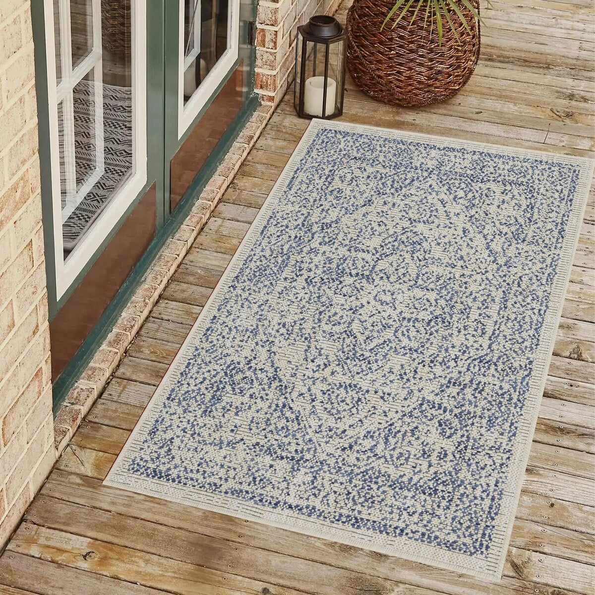 Indoor/Outdoor Area Rug/ Runner/ Doormat- Blue & Natural & Red & Taupe Color -Machine Washable, Weather and UV Resistant-Zaria