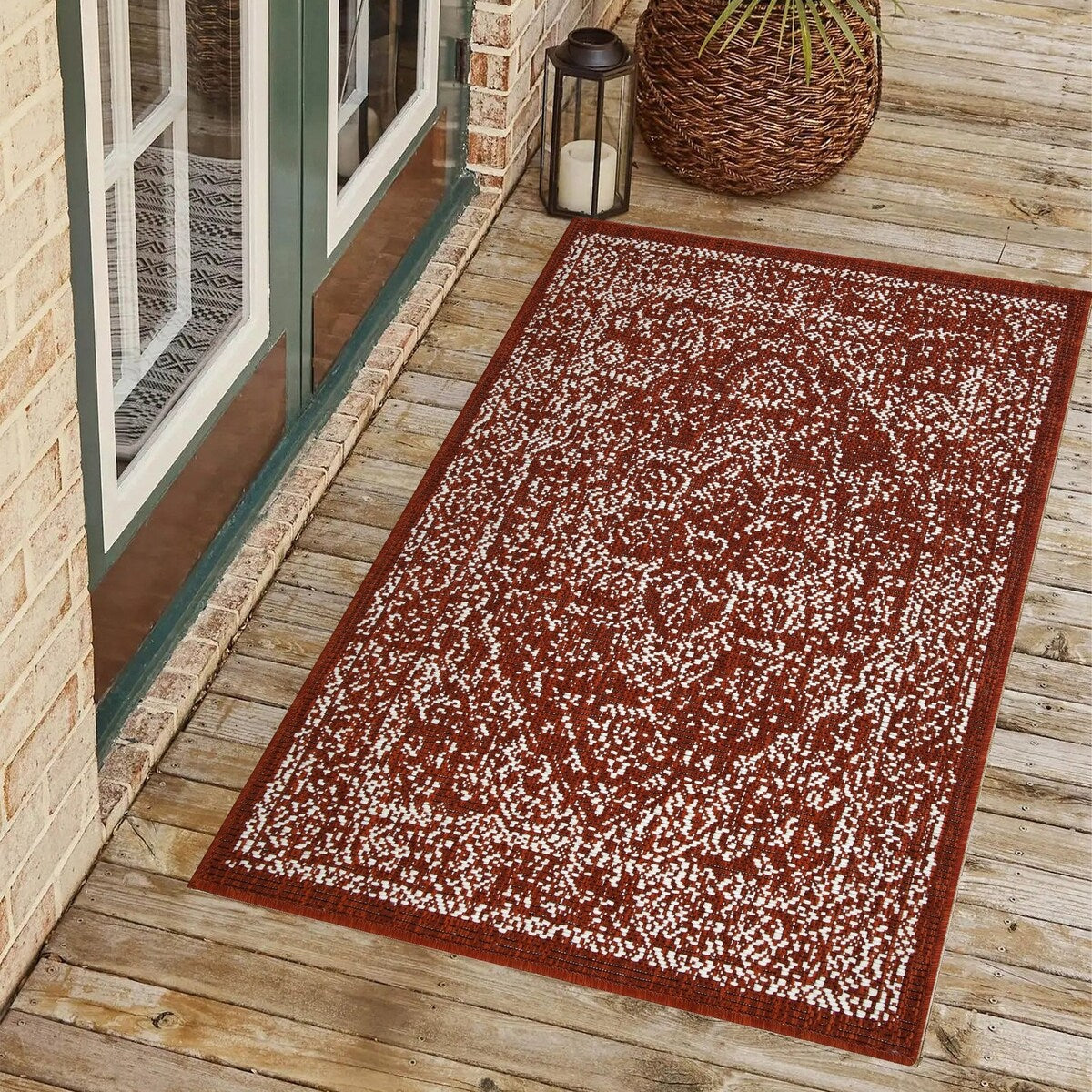 Indoor/Outdoor Area Rug/ Runner/ Doormat- Blue & Natural & Red & Taupe Color -Machine Washable, Weather and UV Resistant-Zaria
