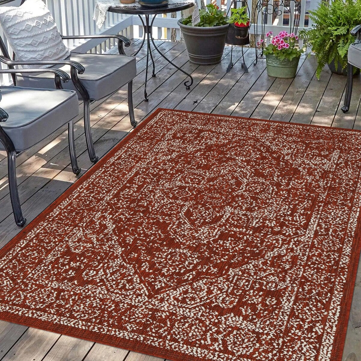 Indoor/Outdoor Area Rug/ Runner/ Doormat- Blue & Natural & Red & Taupe Color -Machine Washable, Weather and UV Resistant-Zaria