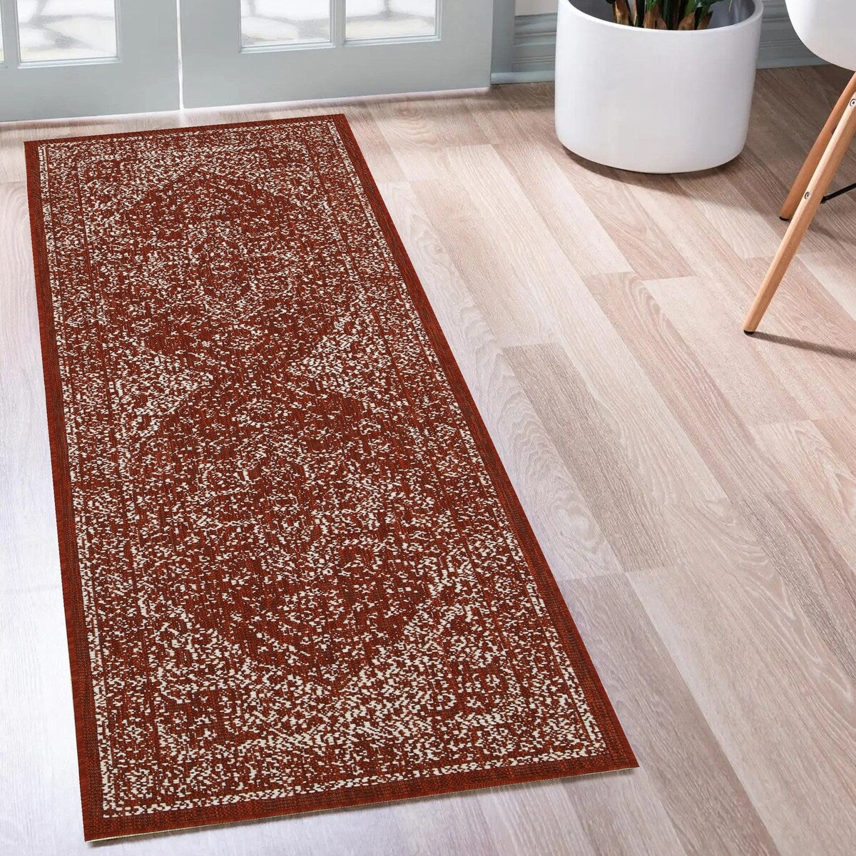 Indoor/Outdoor Area Rug/ Runner/ Doormat- Blue & Natural & Red & Taupe Color -Machine Washable, Weather and UV Resistant-Zaria