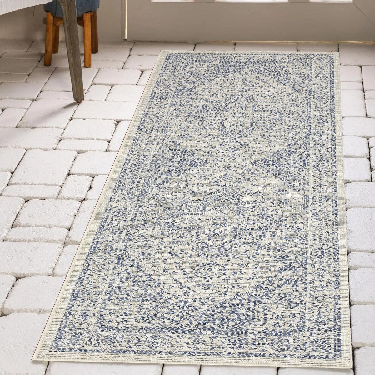Indoor/Outdoor Area Rug/ Runner/ Doormat- Blue & Natural & Red & Taupe Color -Machine Washable, Weather and UV Resistant-Zaria