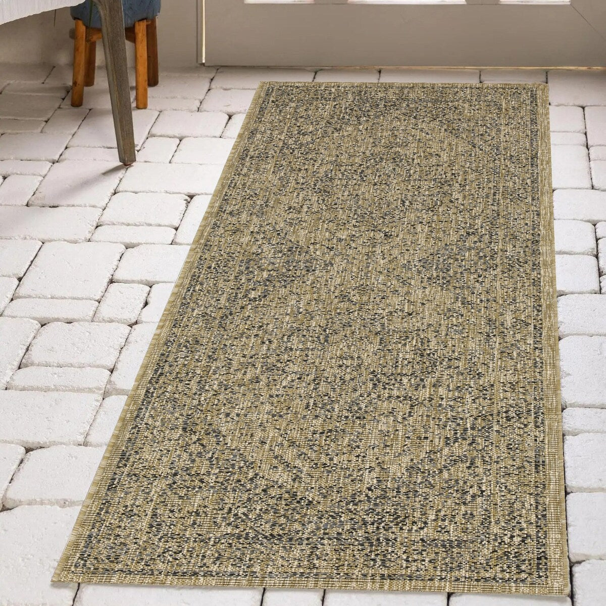 Indoor/Outdoor Area Rug/ Runner/ Doormat- Blue & Natural & Red & Taupe Color -Machine Washable, Weather and UV Resistant-Zaria