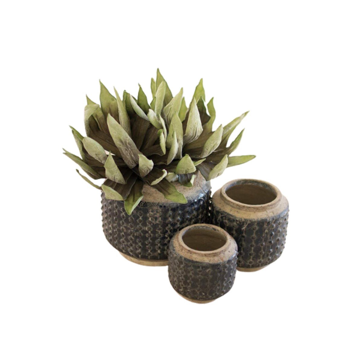 Set of Three Dark Blue Knobby Ceramic Pots - 9.5-inch Tall