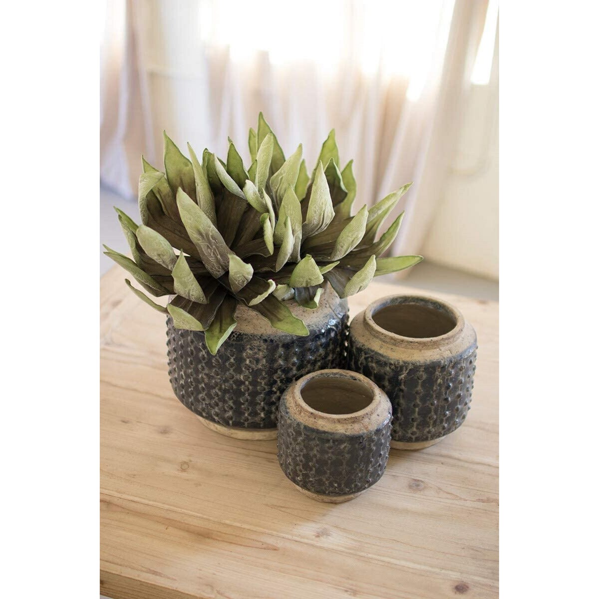 Set of Three Dark Blue Knobby Ceramic Pots - 9.5-inch Tall