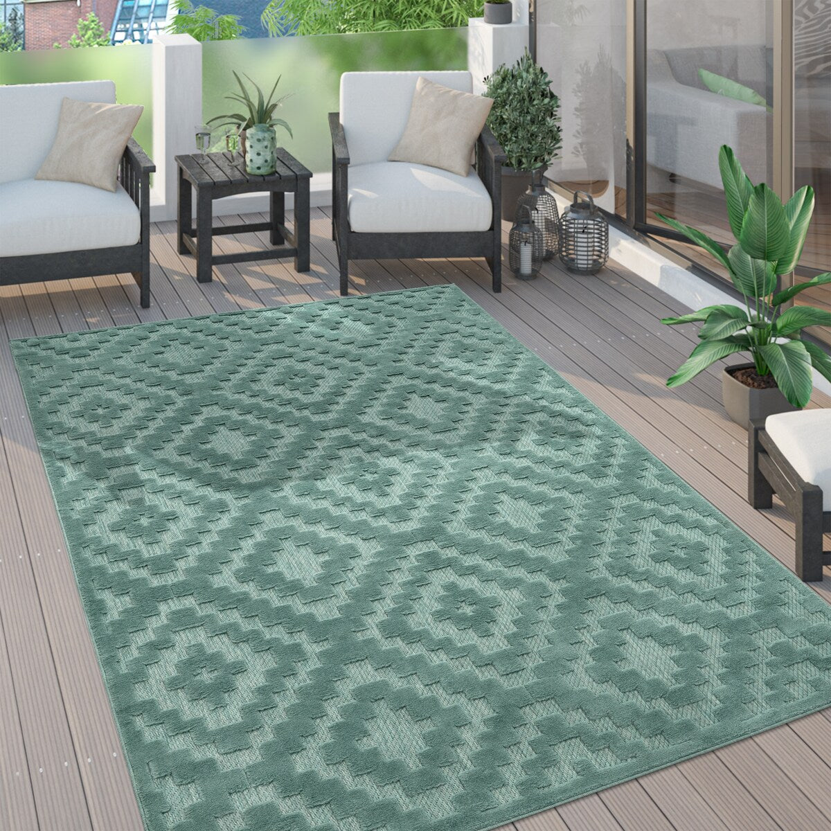 Indoor & Outdoor Rug With Moroccan Trellis High-Low Pattern