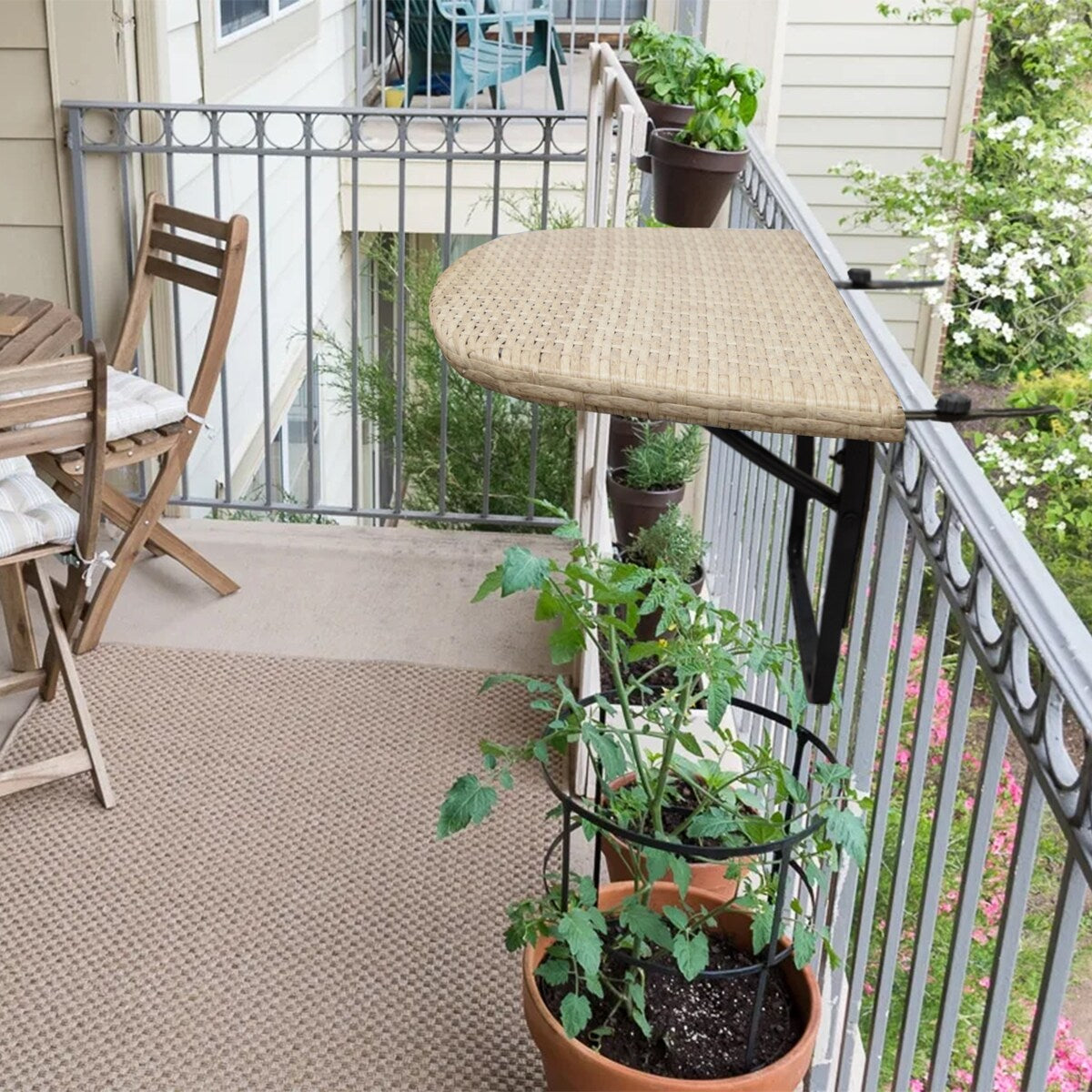 Indoor and Outdoor Foldable Wicker Balcony Table with Metal Frame and Adjustable Clamps