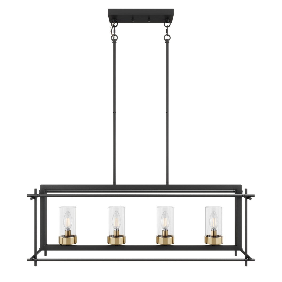 Industrial 4-Light Black Metal Frame Linear Rectangle Chandelier with Glass Shades