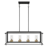 Industrial 4-Light Black Metal Frame Linear Rectangle Chandelier with Glass Shades