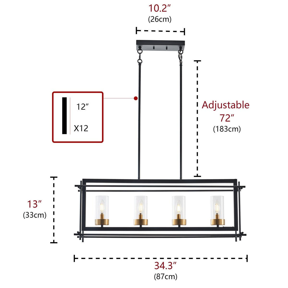 Industrial 4-Light Black Metal Frame Linear Rectangle Chandelier with Glass Shades